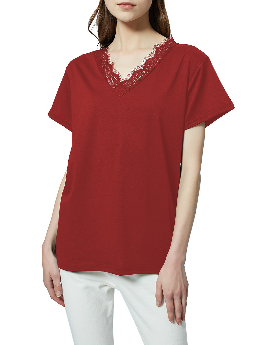 Blusa holgada de manga corta con escote en V y ribete de encaje con pestañas