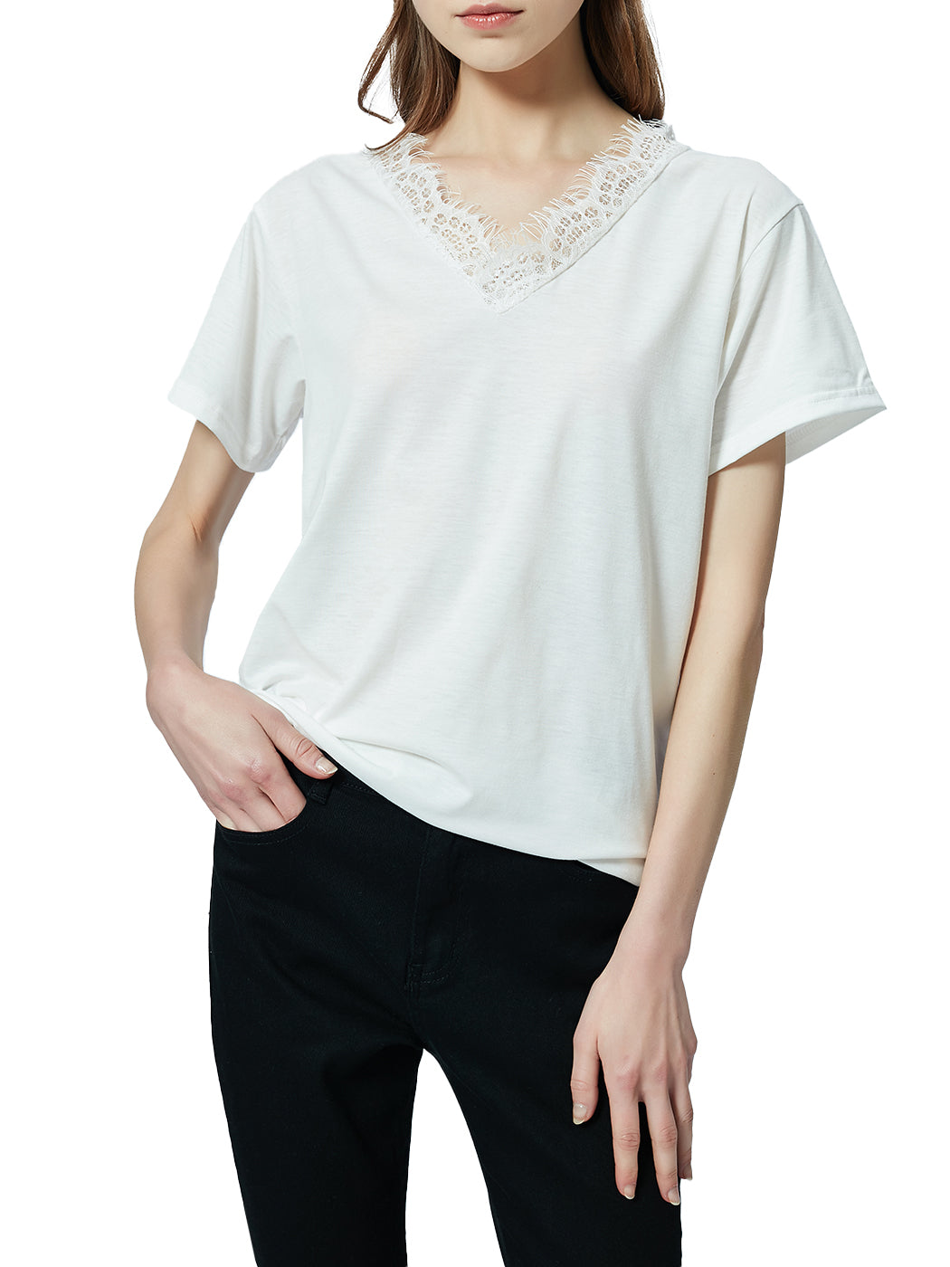 Blusa holgada de manga corta con escote en V y ribete de encaje con pestañas