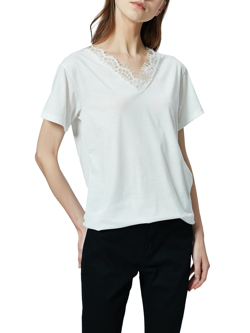 Blusa holgada de manga corta con escote en V y ribete de encaje con pestañas