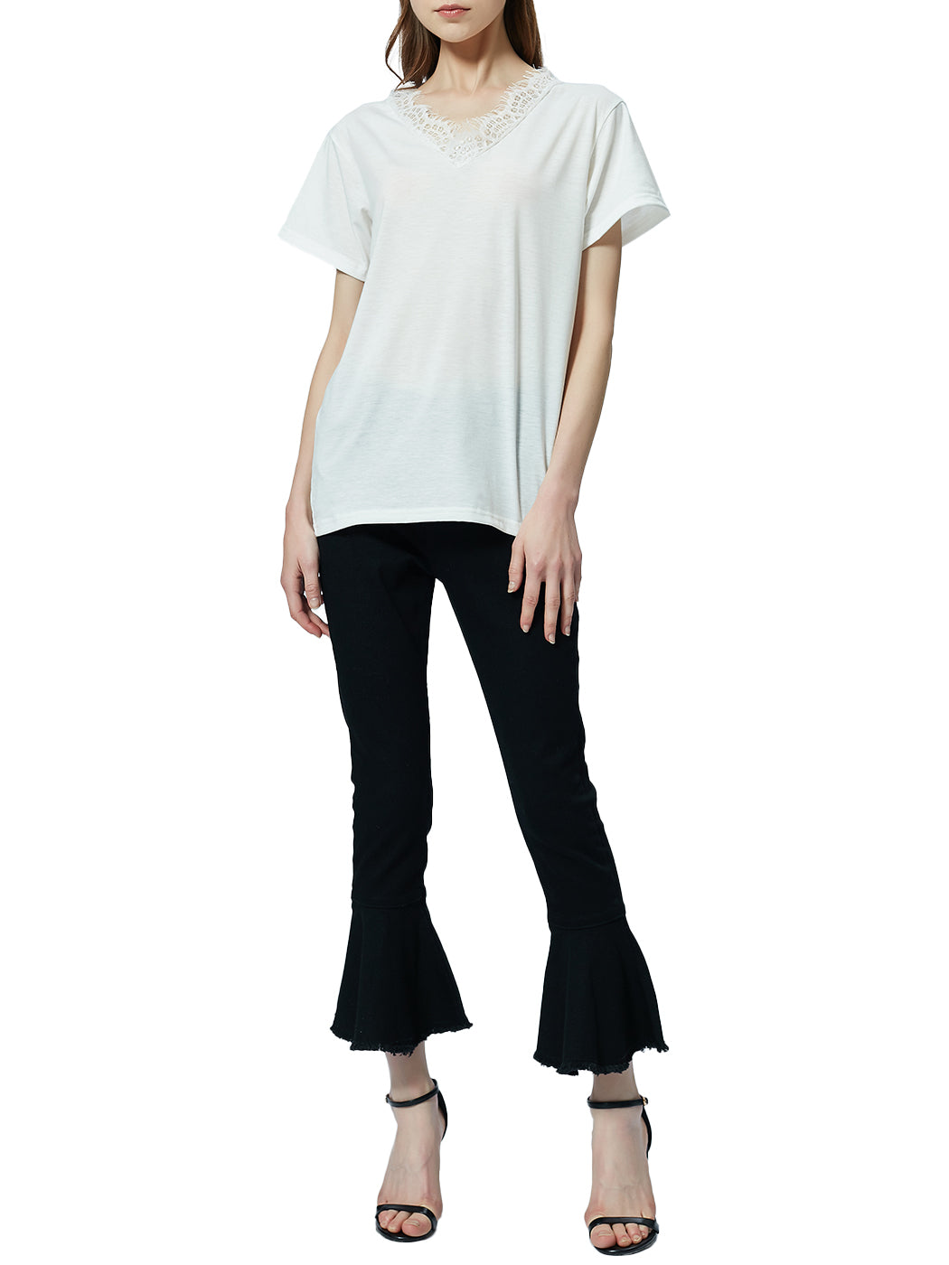 Blusa holgada de manga corta con escote en V y ribete de encaje con pestañas
