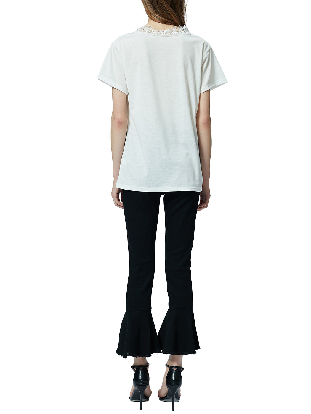 Blusa holgada de manga corta con escote en V y ribete de encaje con pestañas