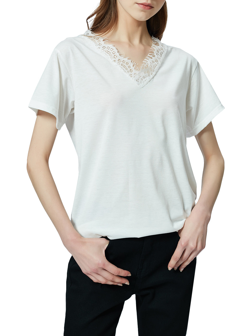Blusa holgada de manga corta con escote en V y ribete de encaje con pestañas