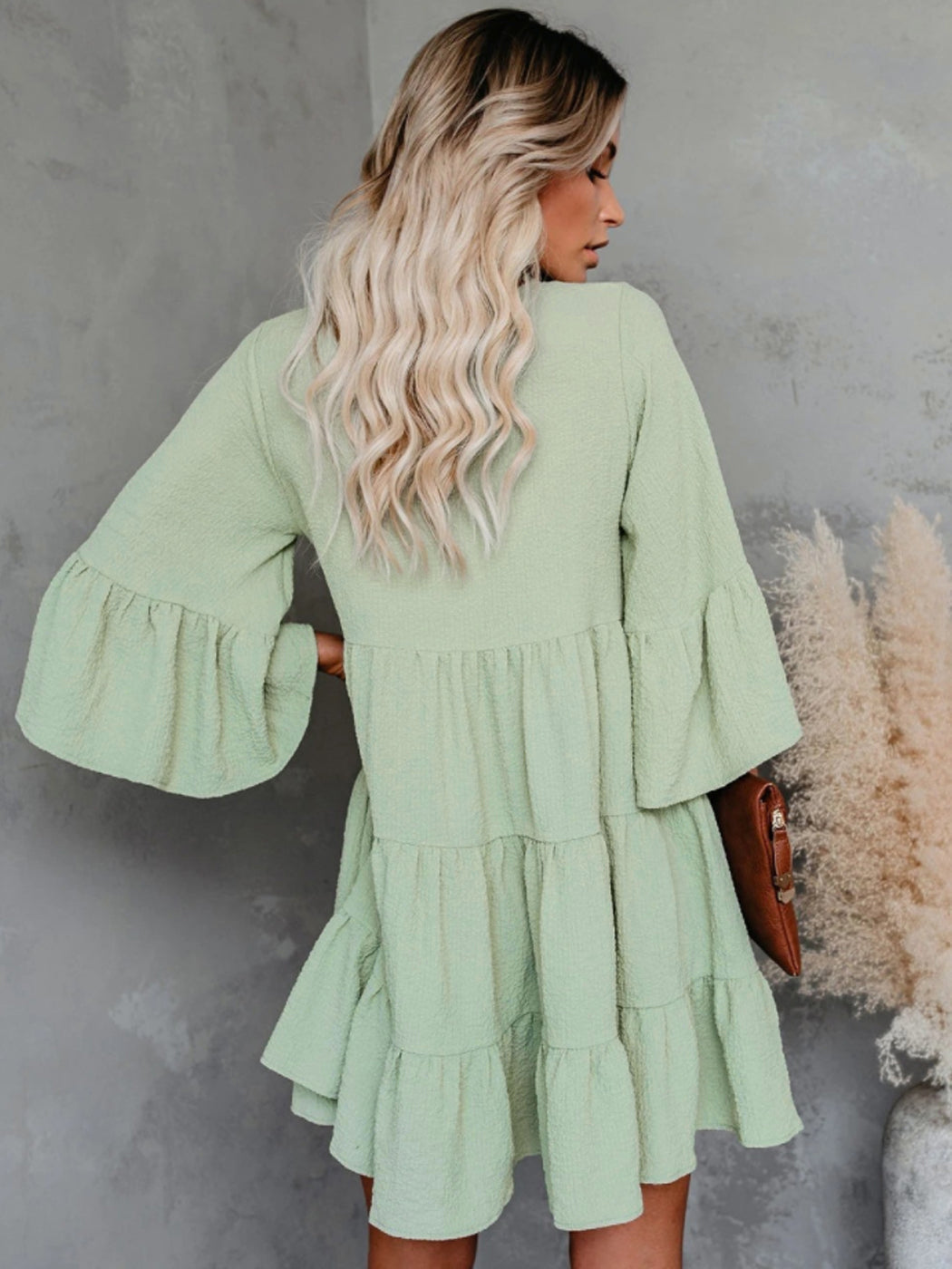 Vestido informal con volantes de Anna-Kaci para mujer, manga acampanada, escote en V, flecos, corte A, estilo babydoll, vestidos camiseros holgados
