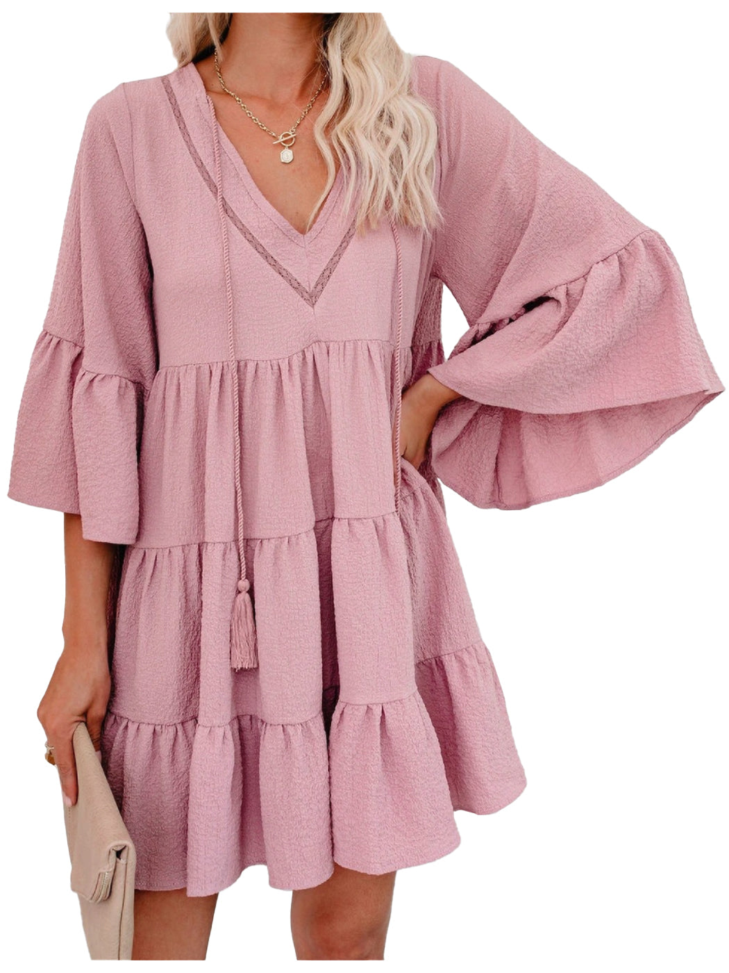 Vestido informal con volantes de Anna-Kaci para mujer, manga acampanada, escote en V, flecos, corte A, estilo babydoll, vestidos camiseros holgados