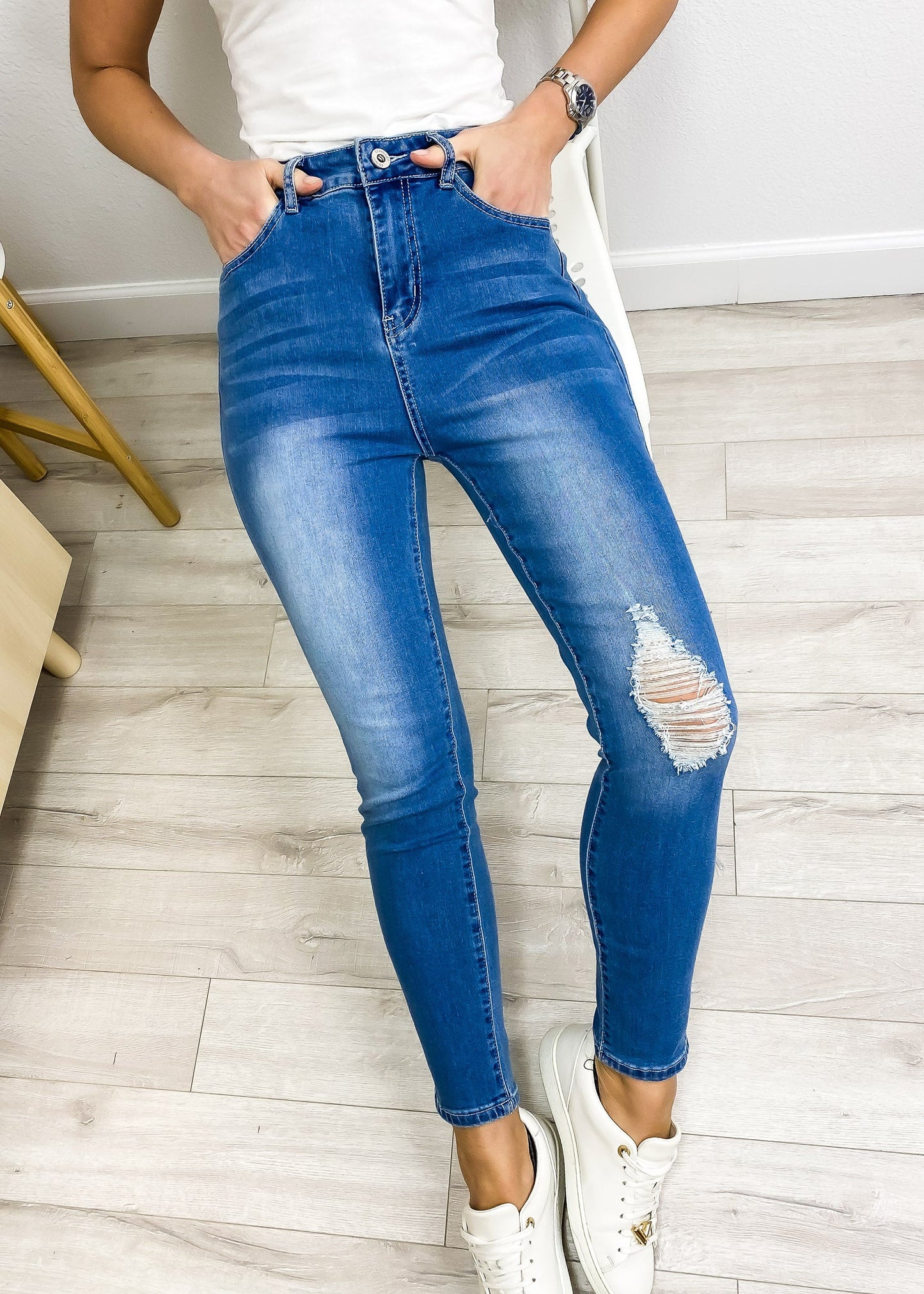 Pantalones vaqueros ajustados de cintura alta para mujer de Anna-Kaci, pantalones elásticos desgastados con rodillas rotas