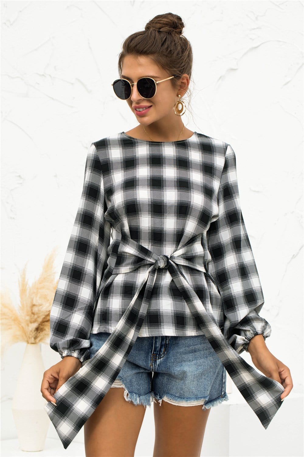Tie Waist Plaid Blouse