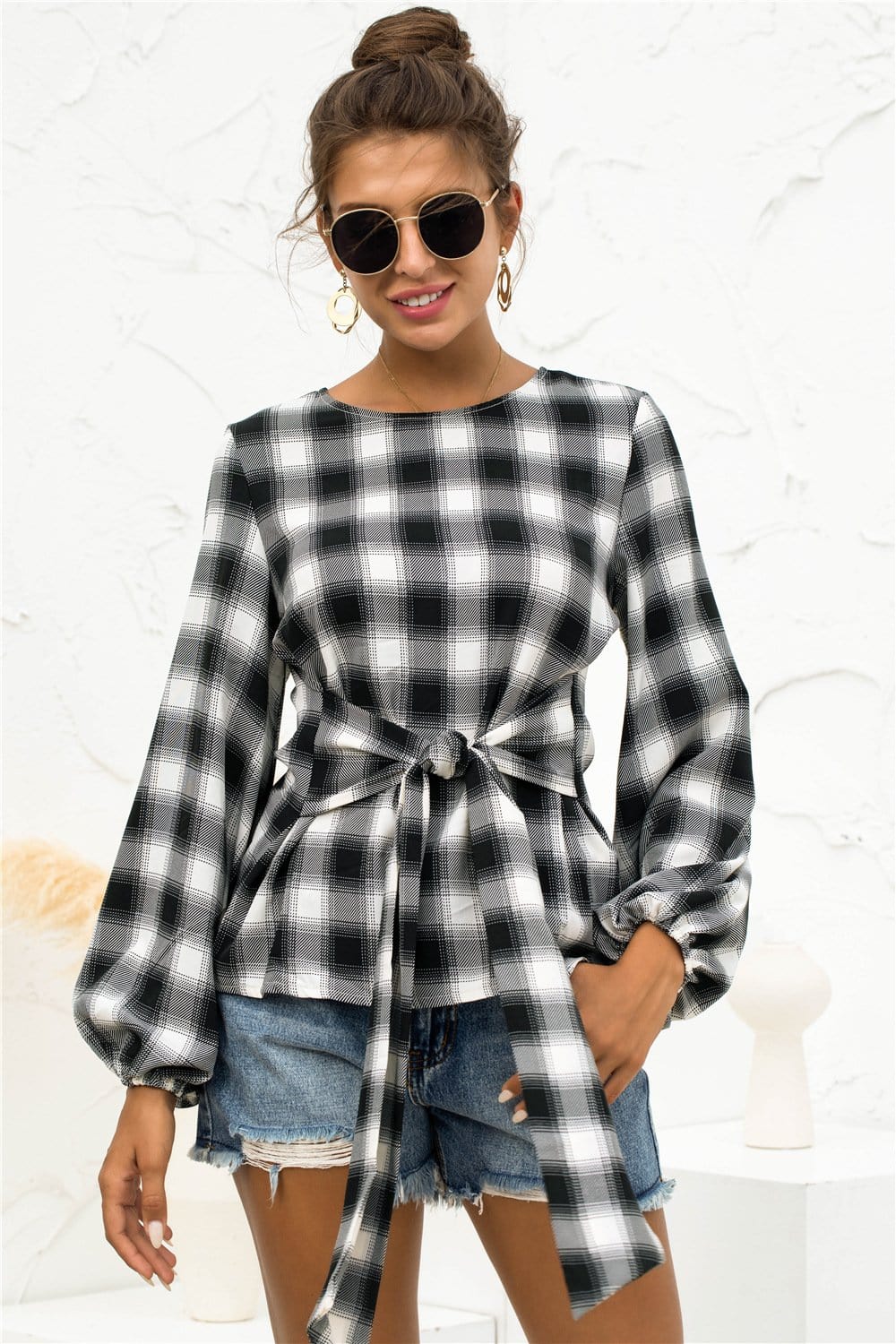 Tie Waist Plaid Blouse