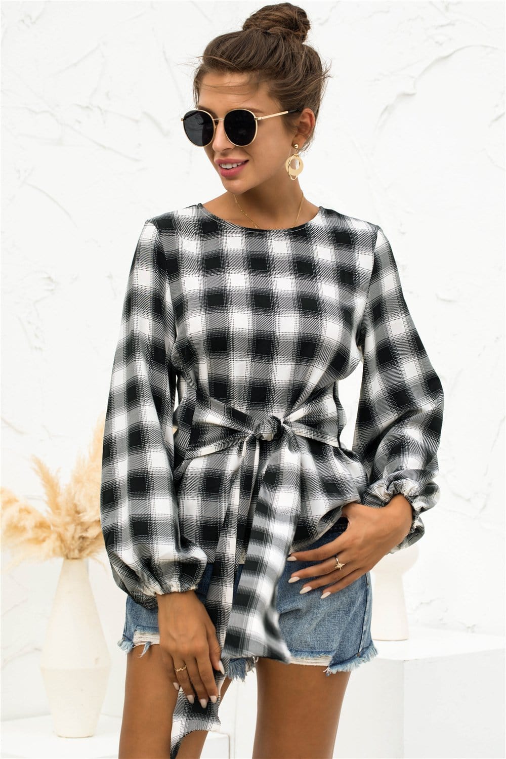 Tie Waist Plaid Blouse