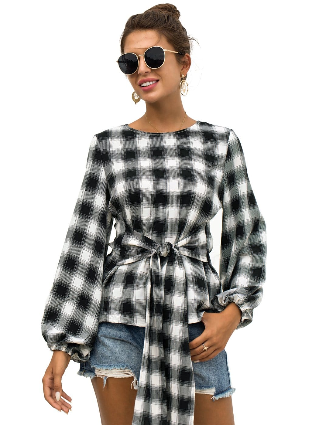 Tie Waist Plaid Blouse