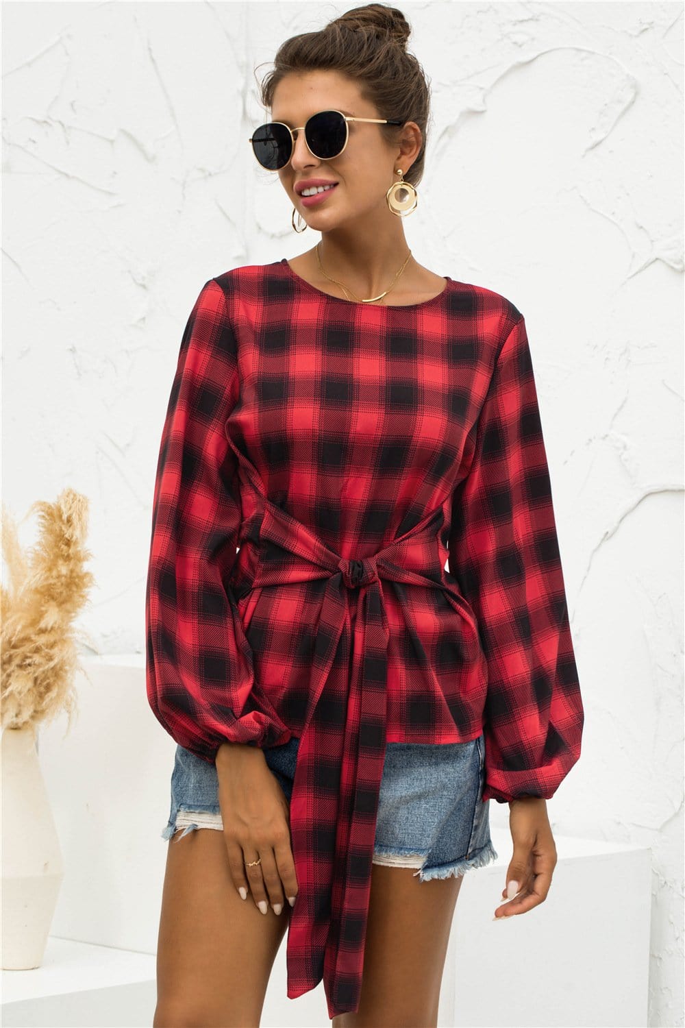 Tie Waist Plaid Blouse