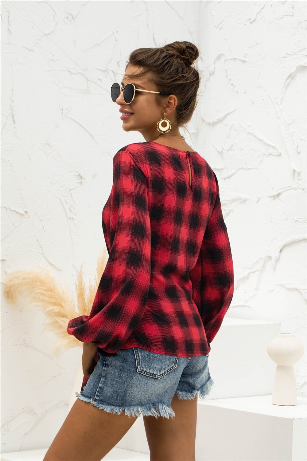 Tie Waist Plaid Blouse