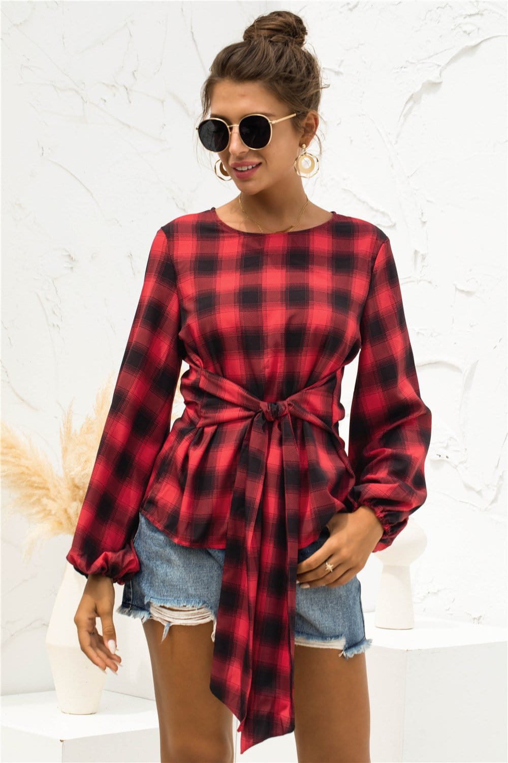 Tie Waist Plaid Blouse