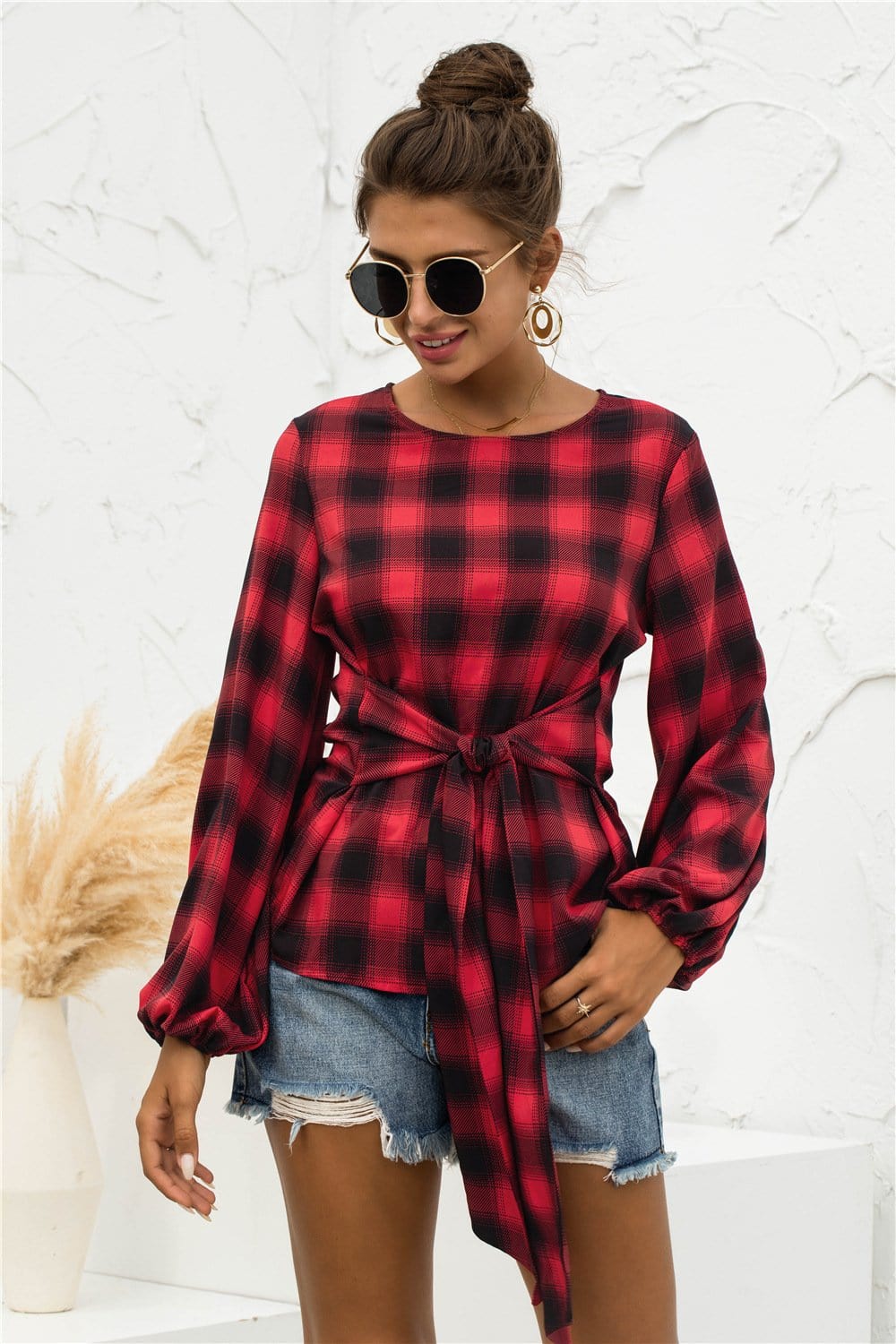 Tie Waist Plaid Blouse