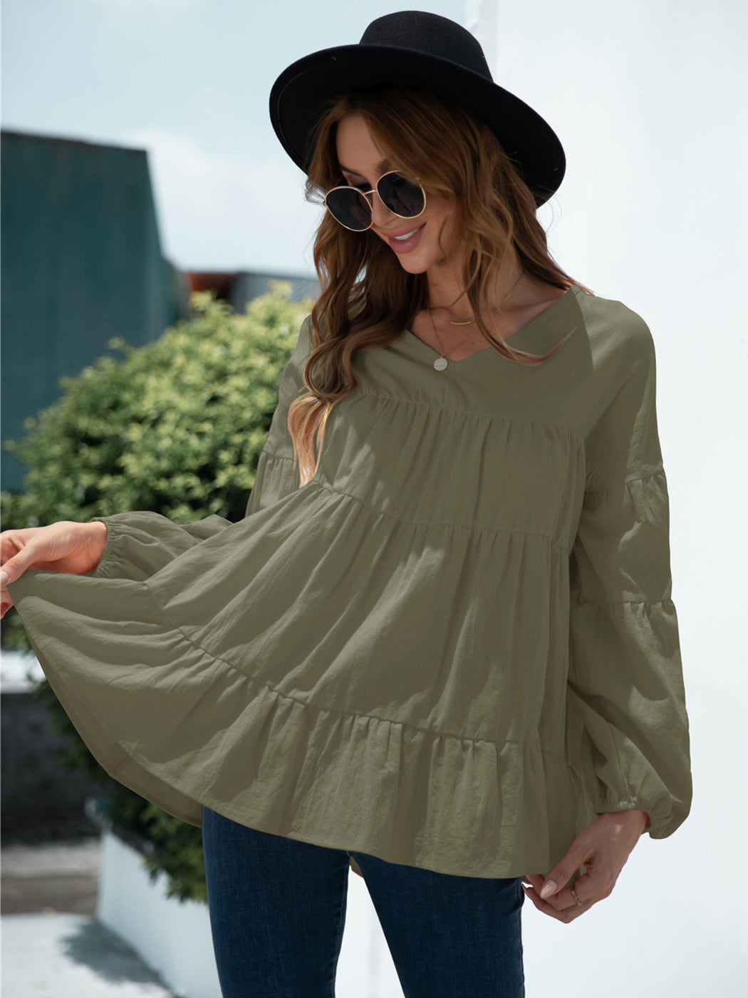 Blusas babydoll de gran tamaño con volantes y mangas farol para mujer de Anna-Kaci
