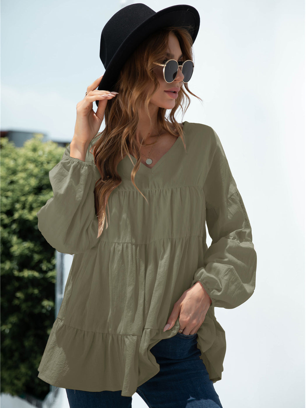 Blusas babydoll de gran tamaño con volantes y mangas farol para mujer de Anna-Kaci