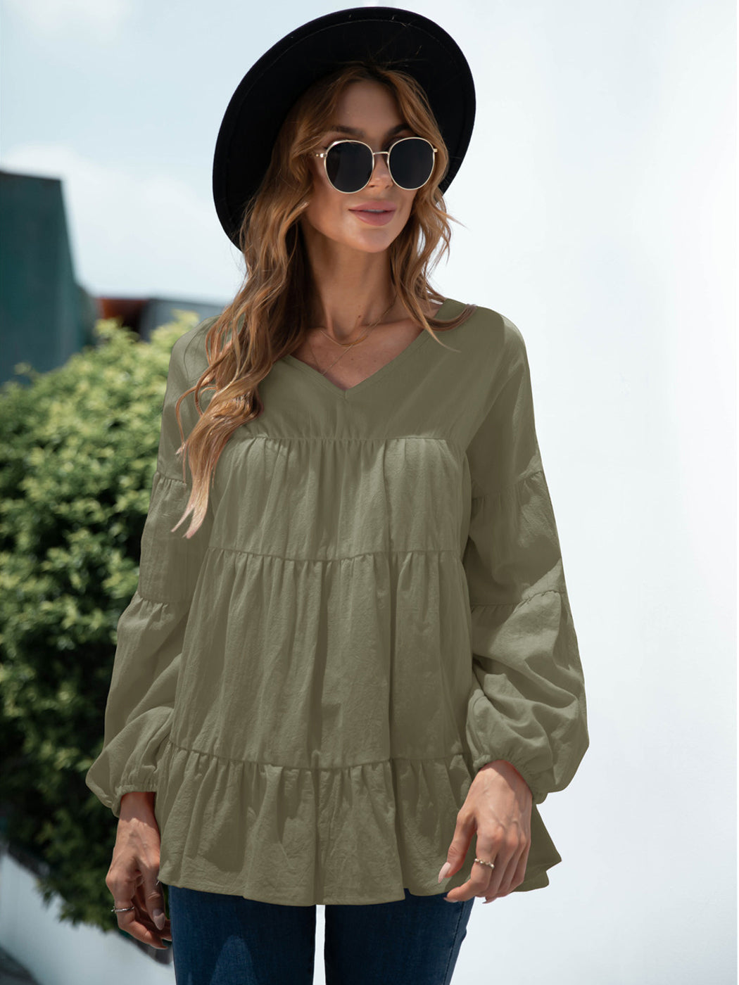Blusas babydoll de gran tamaño con volantes y mangas farol para mujer de Anna-Kaci