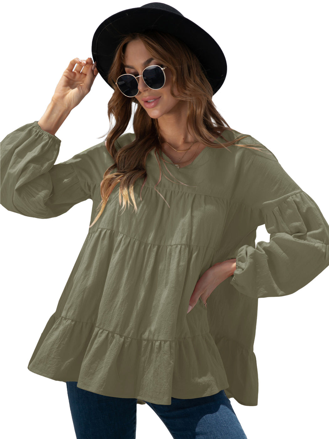Blusas babydoll de gran tamaño con volantes y mangas farol para mujer de Anna-Kaci