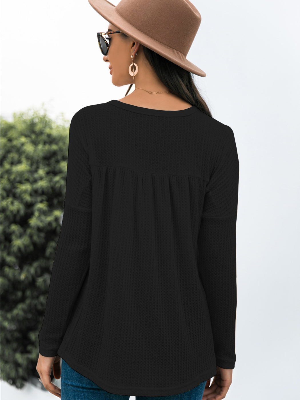 Blusa babydoll con cuello en V y mangas largas de punto gofre con volantes para mujer de Anna-Kaci
