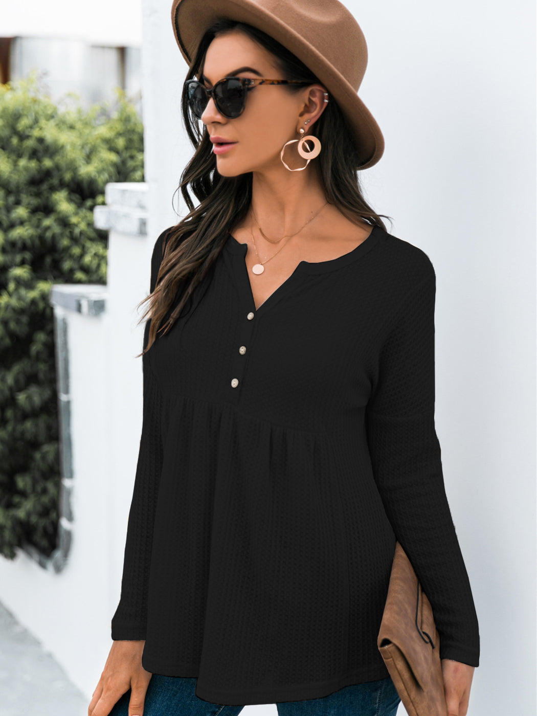 Blusa babydoll con cuello en V y mangas largas de punto gofre con volantes para mujer de Anna-Kaci