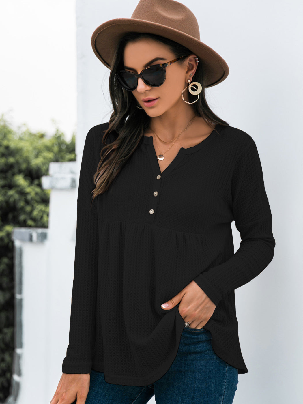 Blusa babydoll con cuello en V y mangas largas de punto gofre con volantes para mujer de Anna-Kaci