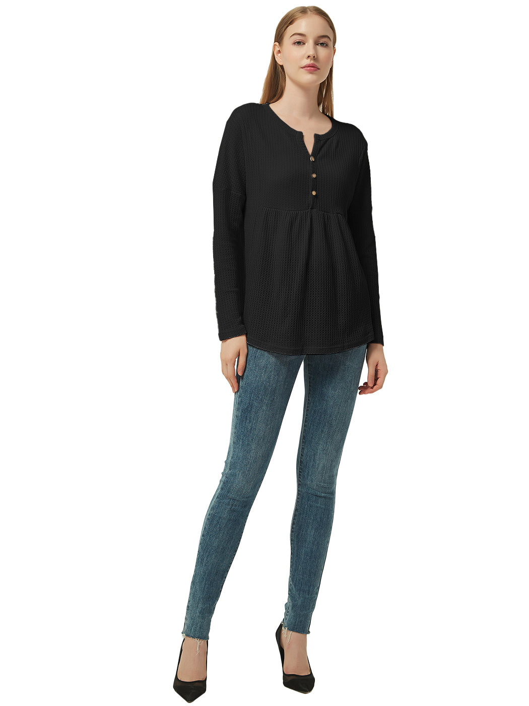 Blusa babydoll con cuello en V y mangas largas de punto gofre con volantes para mujer de Anna-Kaci
