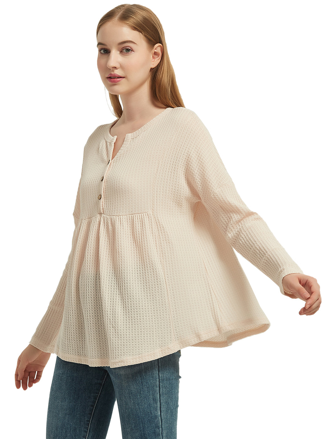 Blusa babydoll con cuello en V y mangas largas de punto gofre con volantes para mujer de Anna-Kaci