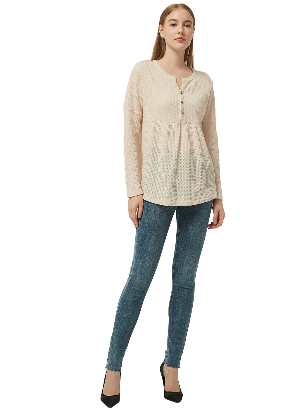 Blusa babydoll con cuello en V y mangas largas de punto gofre con volantes para mujer de Anna-Kaci