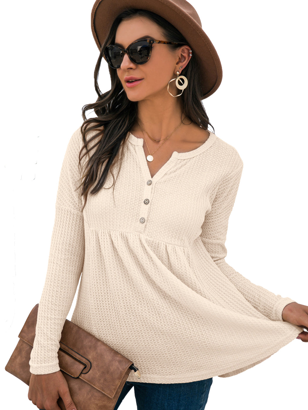 Blusa babydoll con cuello en V y mangas largas de punto gofre con volantes para mujer de Anna-Kaci