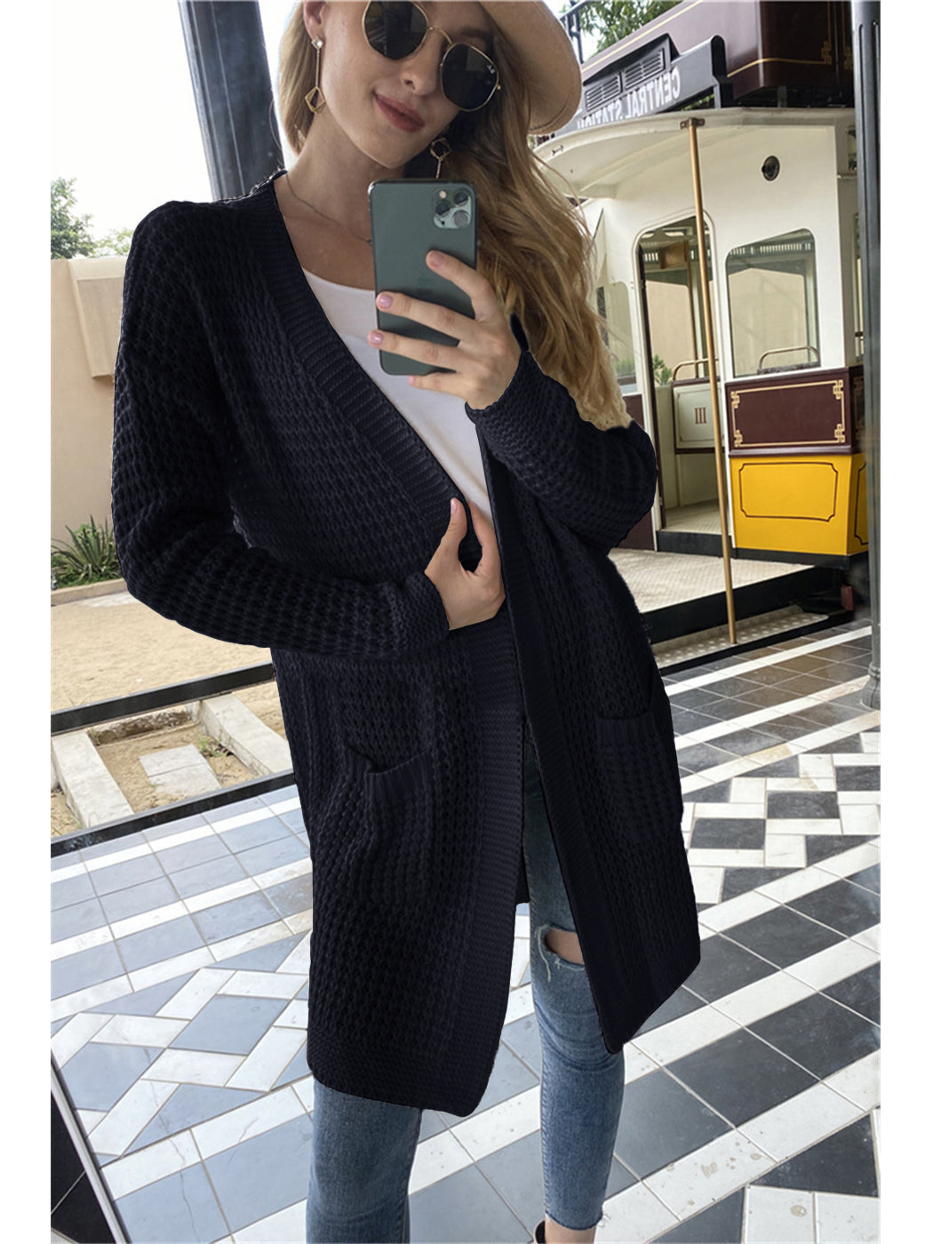 Anna-Kaci Women Solid Knit Long Sleeve Cardigan with Pockets, Open Front Lightweight Drop Shoulder Waffle Sweater Cover Up