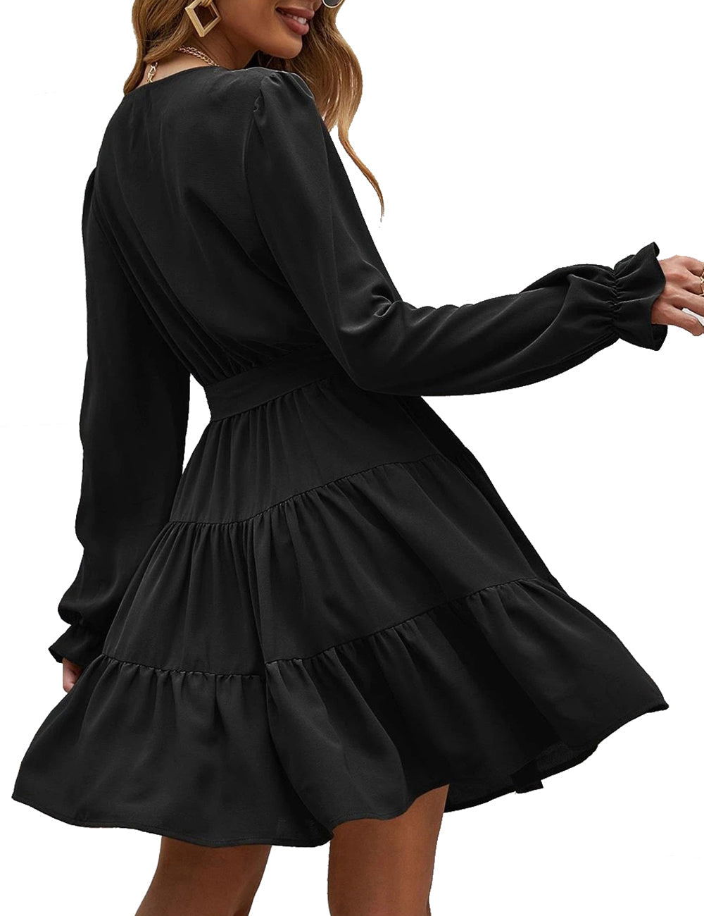 Vestido skater holgado de gasa con escote en V, mangas acampanadas elásticas largas y cinturón para mujer de Anna-Kaci