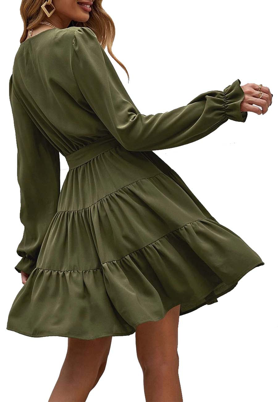 Vestido skater holgado de gasa con escote en V, mangas acampanadas elásticas largas y cinturón para mujer de Anna-Kaci