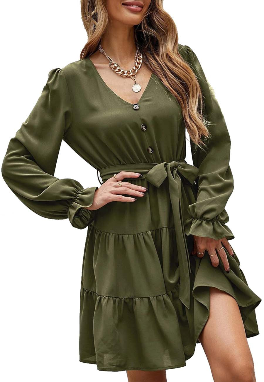 Vestido skater holgado de gasa con escote en V, mangas acampanadas elásticas largas y cinturón para mujer de Anna-Kaci