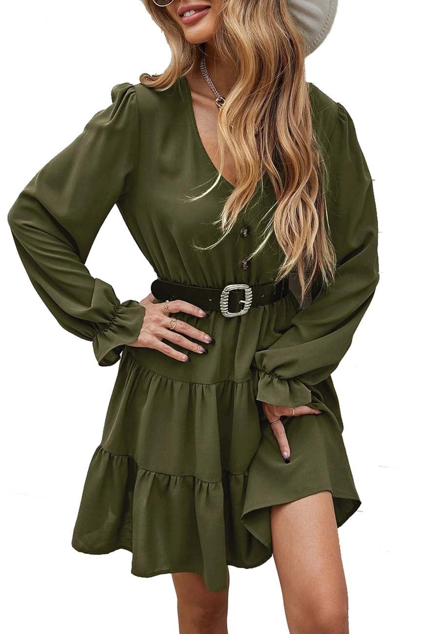 Vestido skater holgado de gasa con escote en V, mangas acampanadas elásticas largas y cinturón para mujer de Anna-Kaci