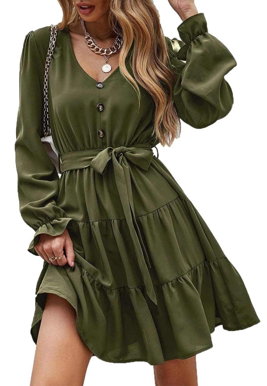 Vestido skater holgado de gasa con escote en V, mangas acampanadas elásticas largas y cinturón para mujer de Anna-Kaci
