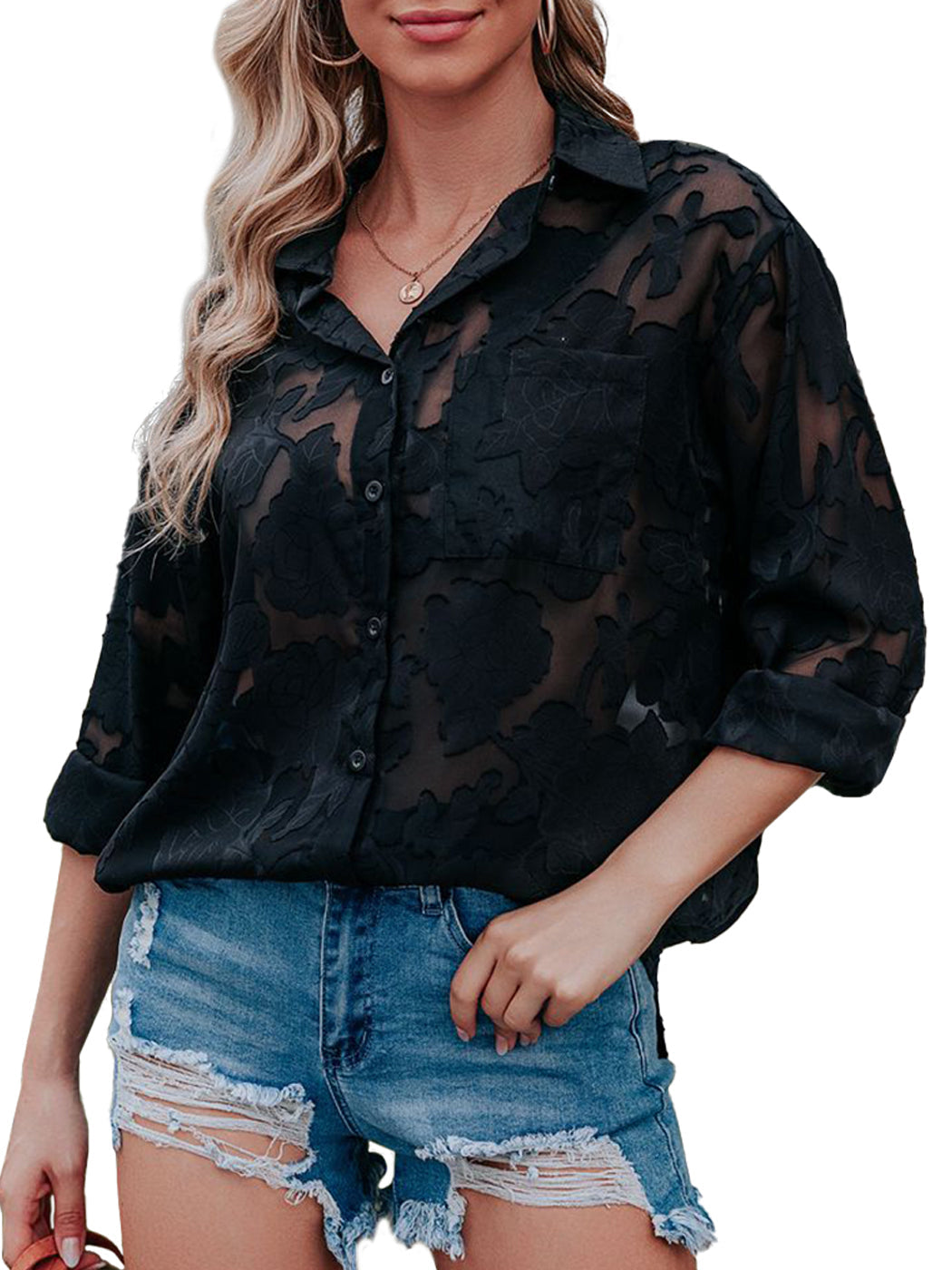 Blusa de gasa con estampado floral, mangas largas, cuello vuelto semitransparente y botones para mujer de Anna-Kaci