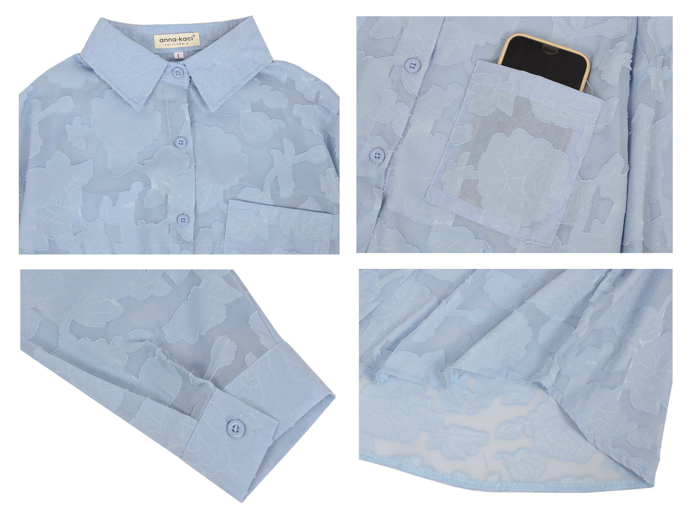 Blusa de gasa con estampado floral, mangas largas, cuello vuelto semitransparente y botones para mujer de Anna-Kaci