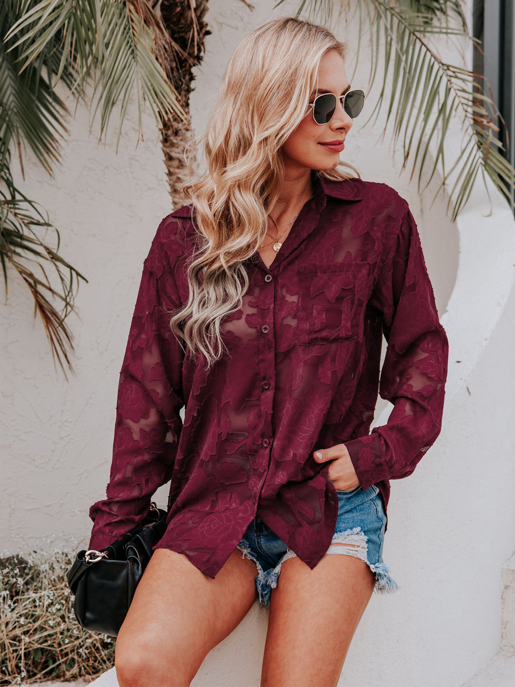 Blusa de gasa con estampado floral, mangas largas, cuello vuelto semitransparente y botones para mujer de Anna-Kaci