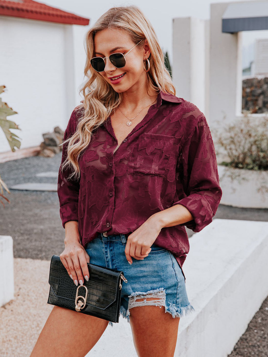 Blusa de gasa con estampado floral, mangas largas, cuello vuelto semitransparente y botones para mujer de Anna-Kaci