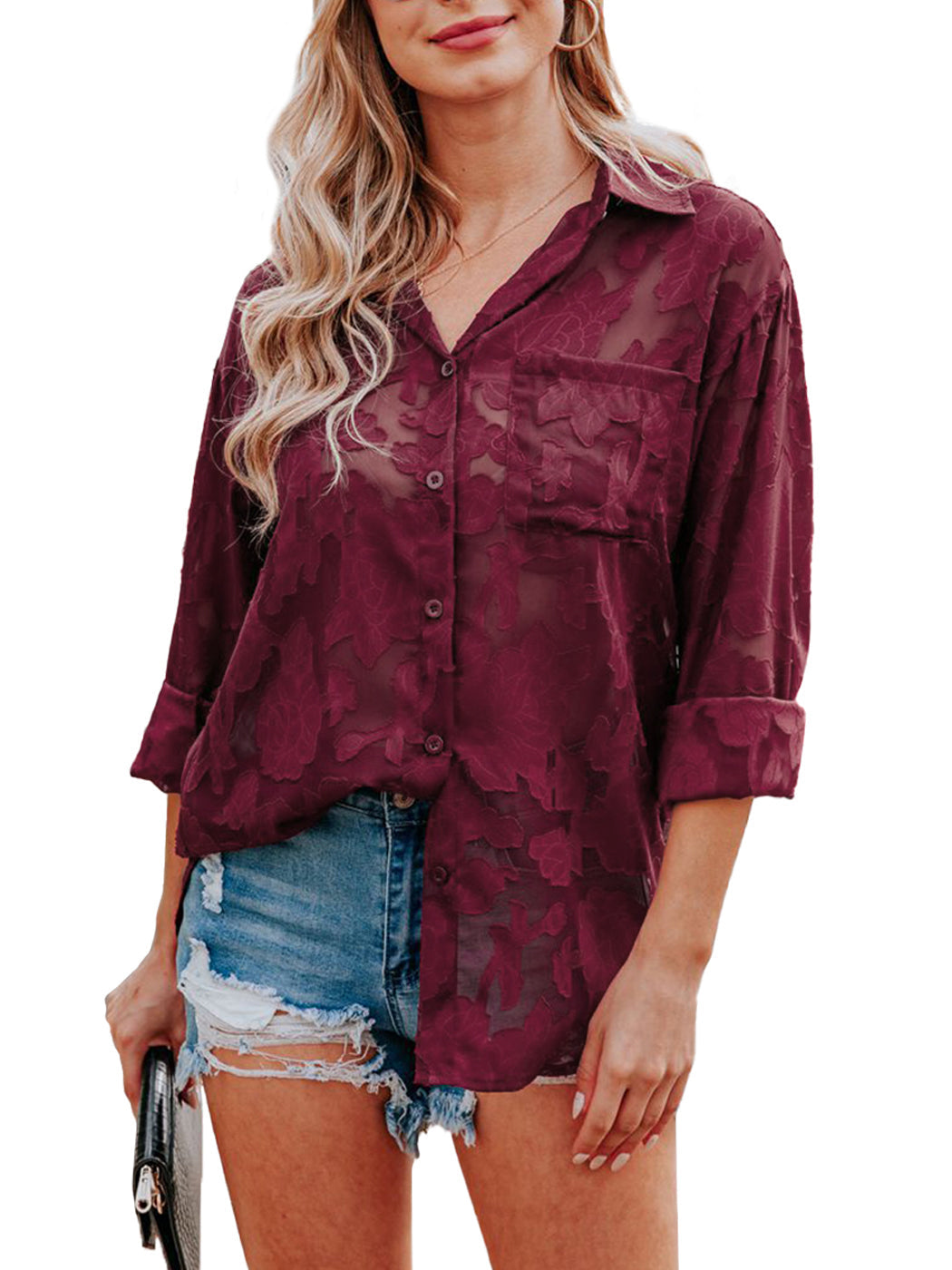 Blusa de gasa con estampado floral, mangas largas, cuello vuelto semitransparente y botones para mujer de Anna-Kaci