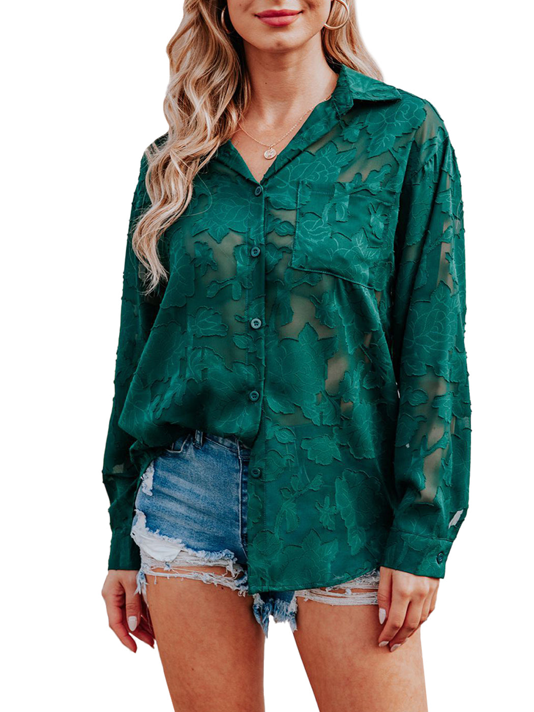 Blusa de gasa con estampado floral, mangas largas, cuello vuelto semitransparente y botones para mujer de Anna-Kaci