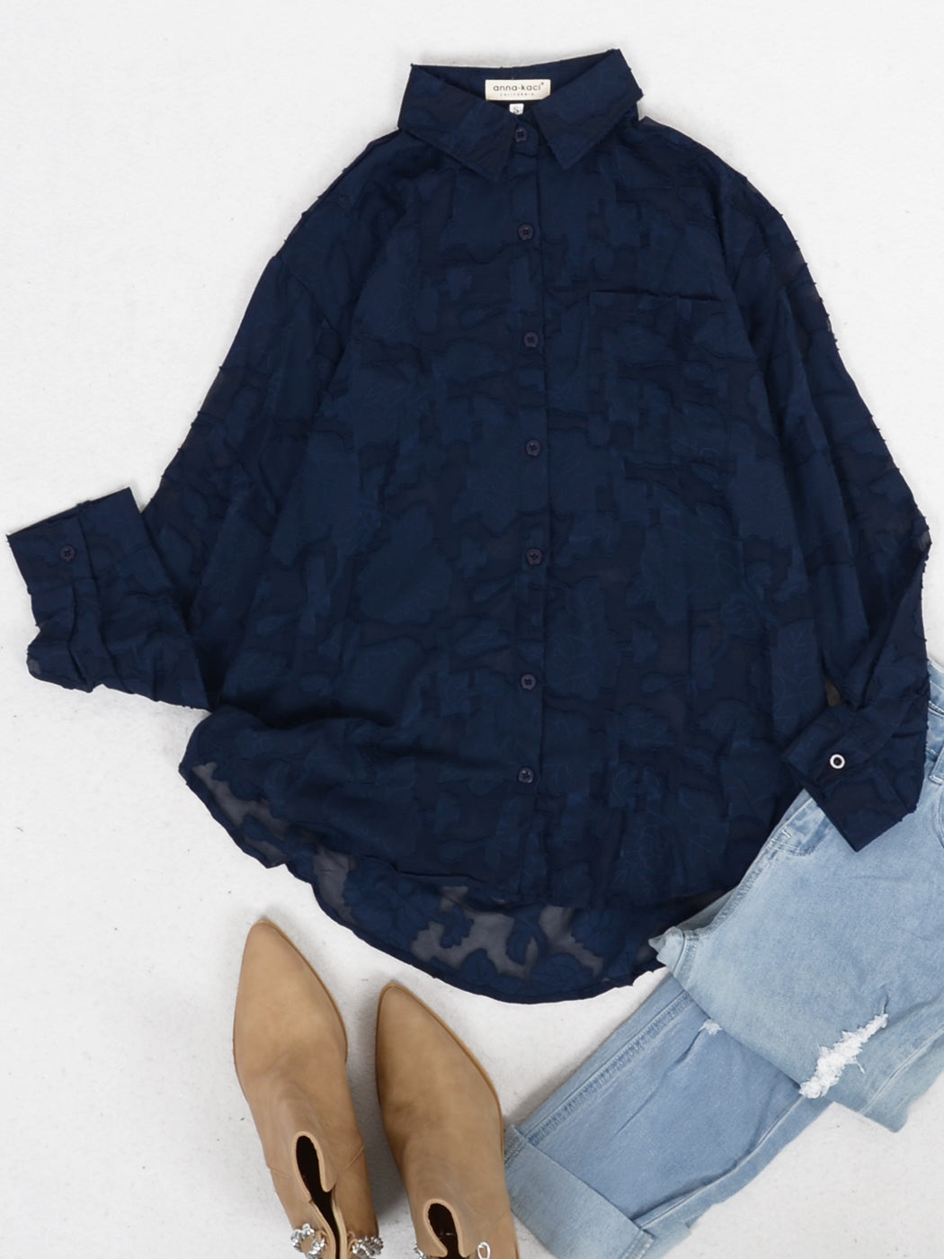 Blusa de gasa con estampado floral, mangas largas, cuello vuelto semitransparente y botones para mujer de Anna-Kaci