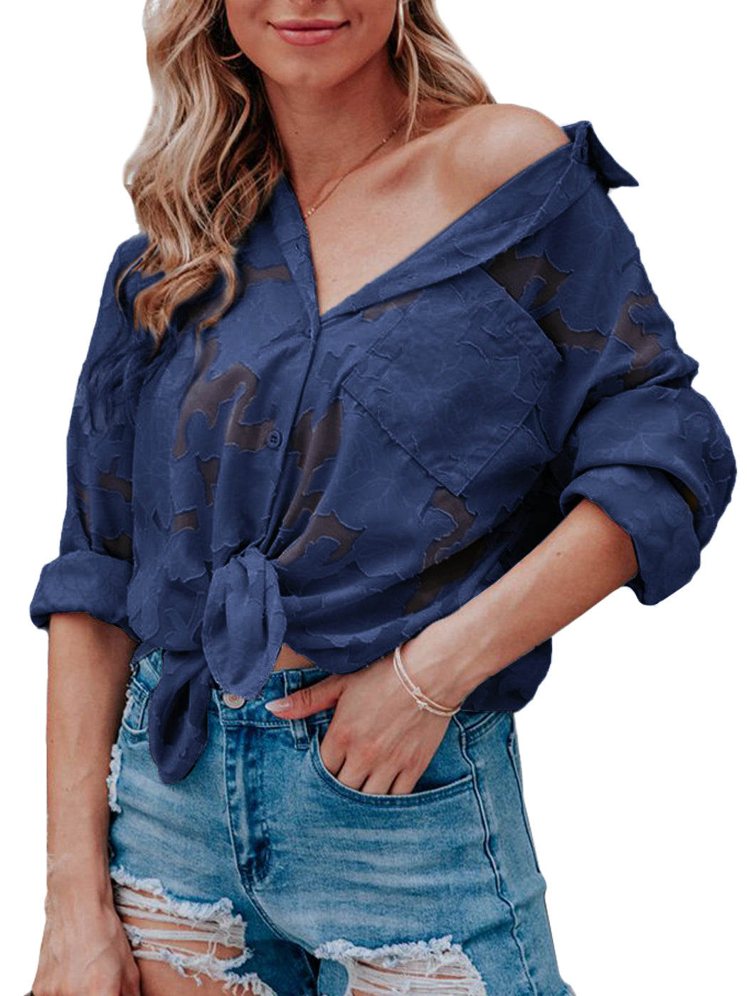 Blusa de gasa con estampado floral, mangas largas, cuello vuelto semitransparente y botones para mujer de Anna-Kaci