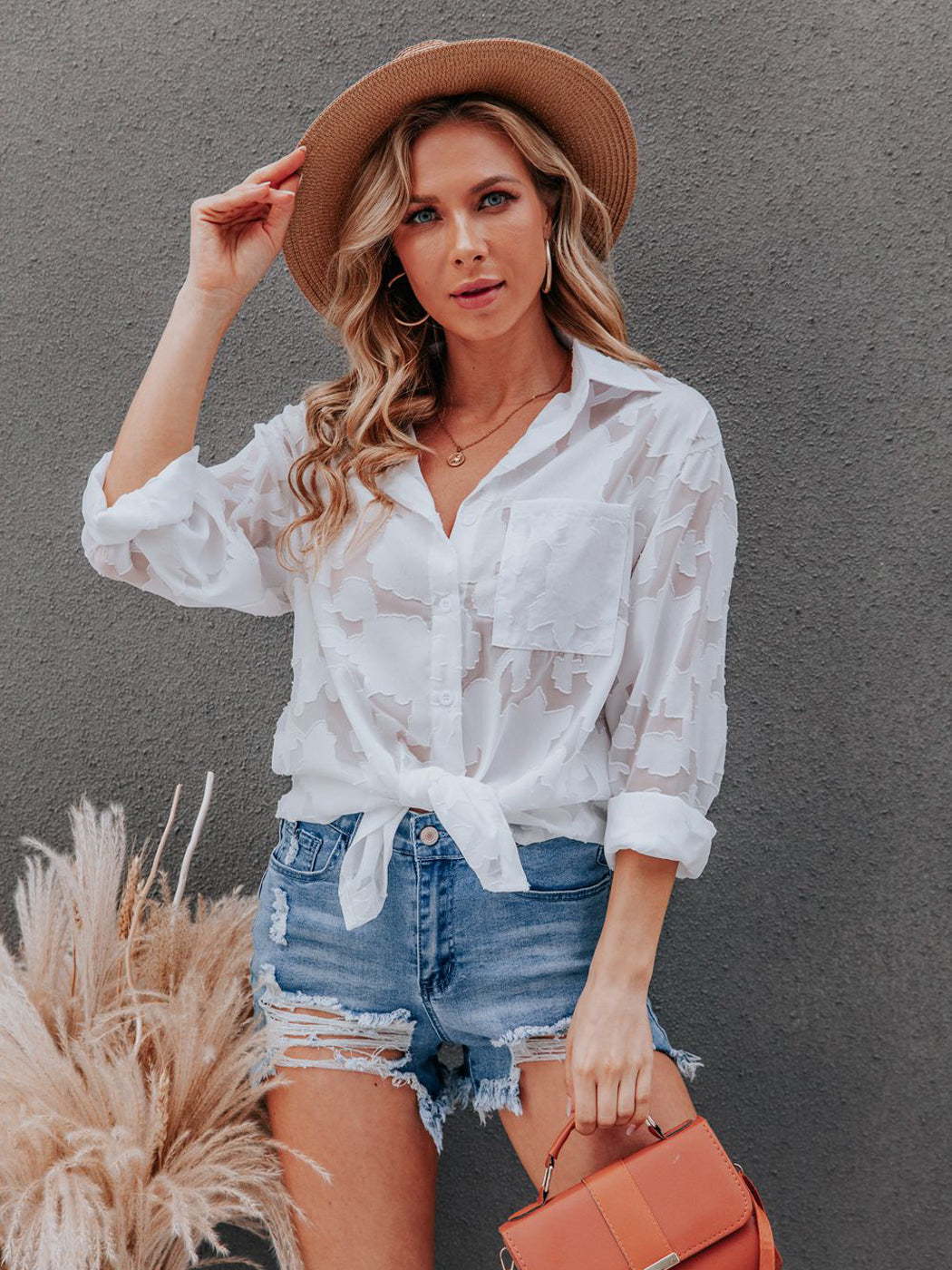 Blusa de gasa con estampado floral, mangas largas, cuello vuelto semitransparente y botones para mujer de Anna-Kaci