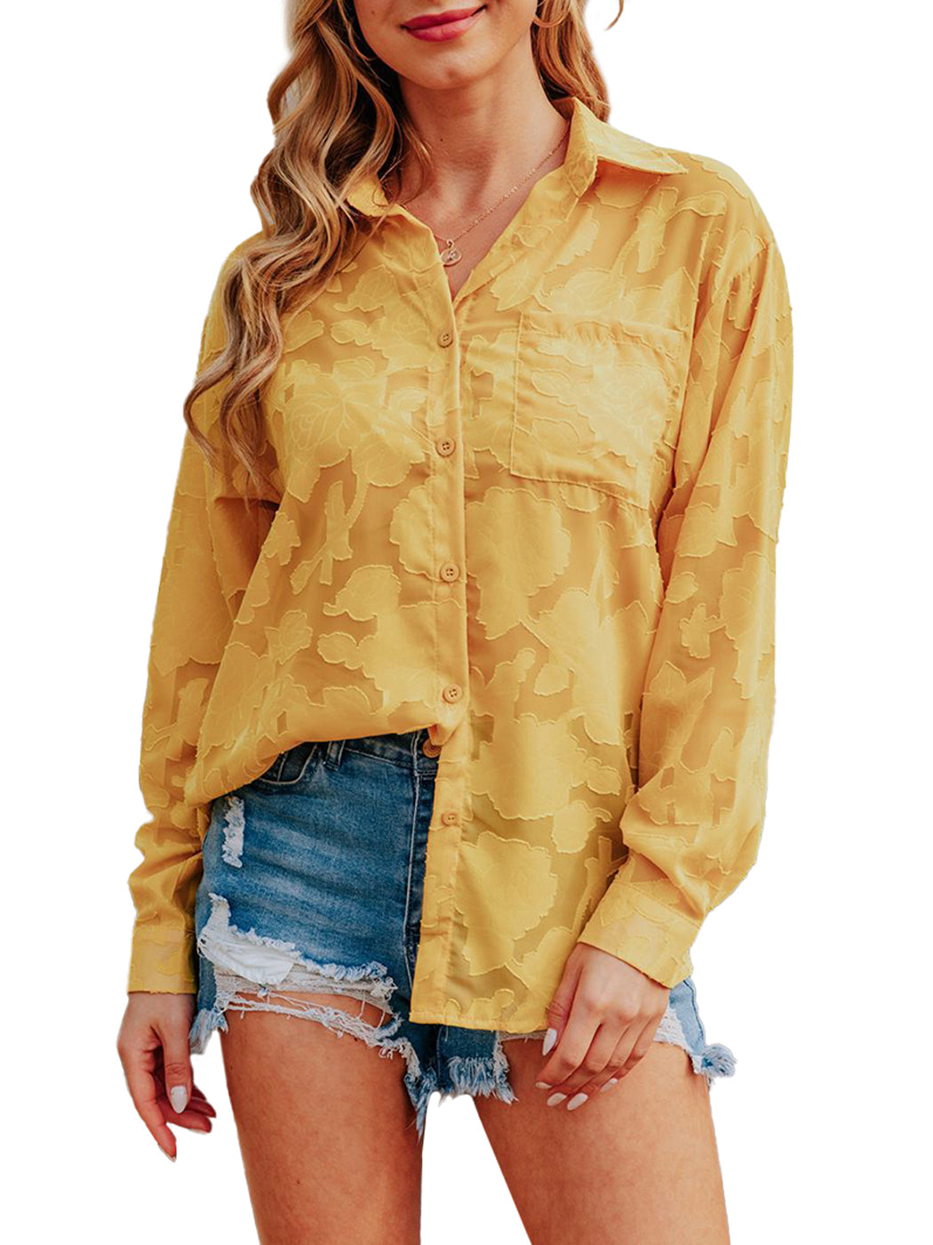 Blusa de gasa con estampado floral, mangas largas, cuello vuelto semitransparente y botones para mujer de Anna-Kaci