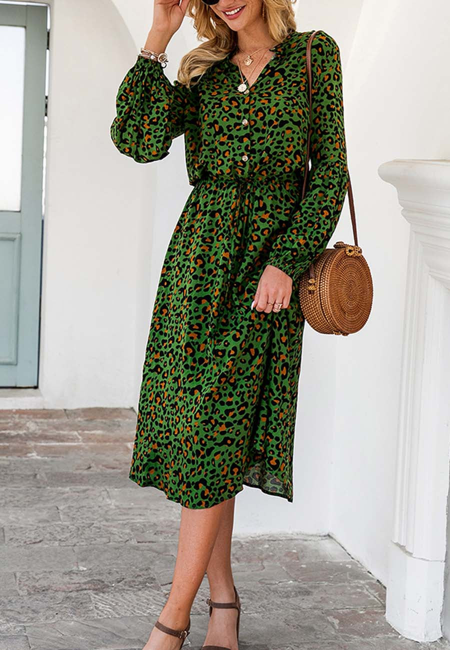 Vestido midi con cintura con lazo y mangas largas tipo farol con estampado de leopardo de Anna-Kaci para mujer