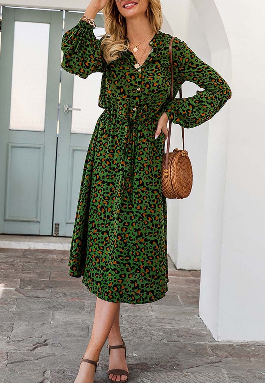 Vestido midi con cintura con lazo y mangas largas tipo farol con estampado de leopardo de Anna-Kaci para mujer