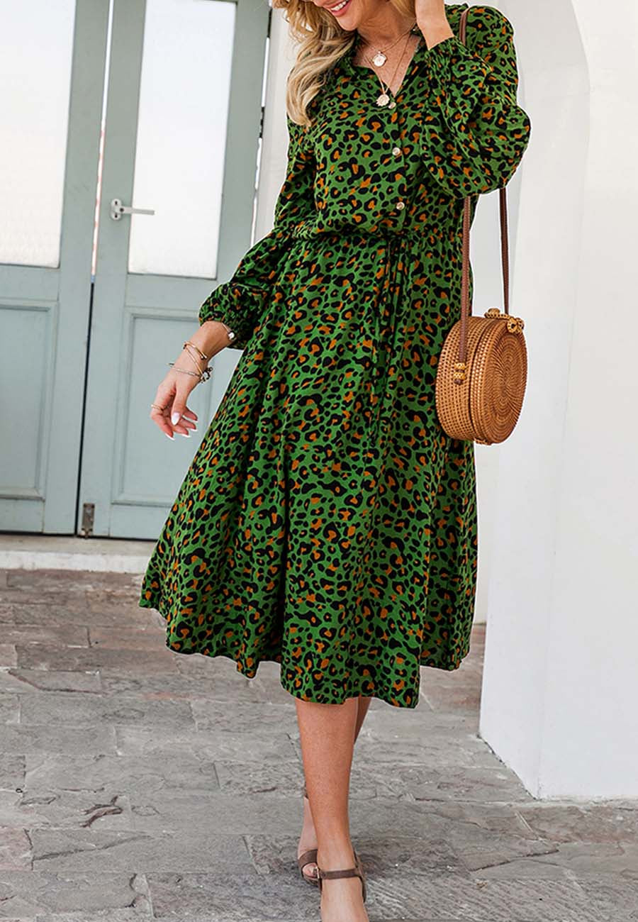 Vestido midi con cintura con lazo y mangas largas tipo farol con estampado de leopardo de Anna-Kaci para mujer