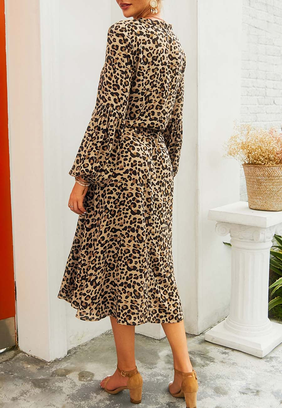 Vestido midi con cintura con lazo y mangas largas tipo farol con estampado de leopardo de Anna-Kaci para mujer