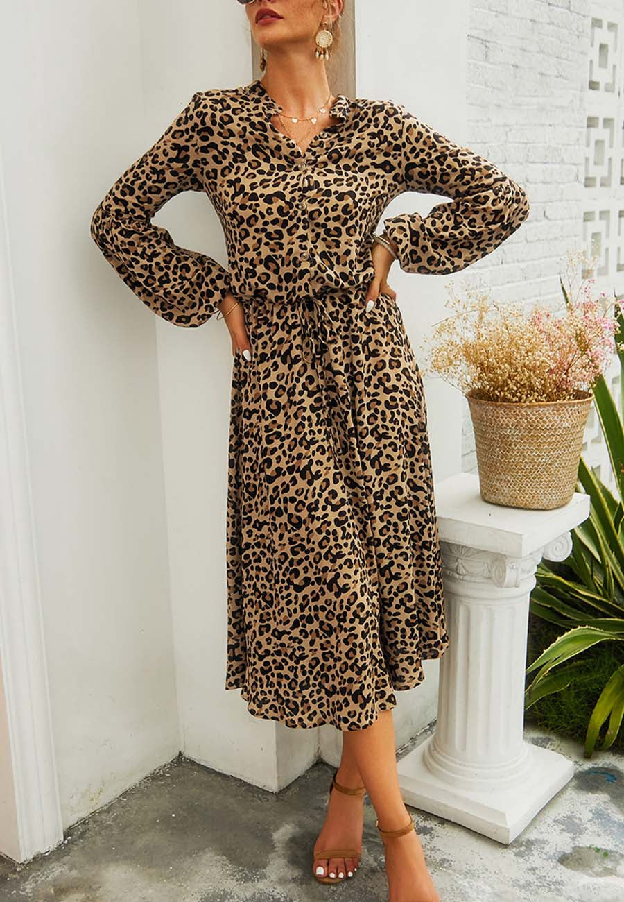 Vestido midi con cintura con lazo y mangas largas tipo farol con estampado de leopardo de Anna-Kaci para mujer