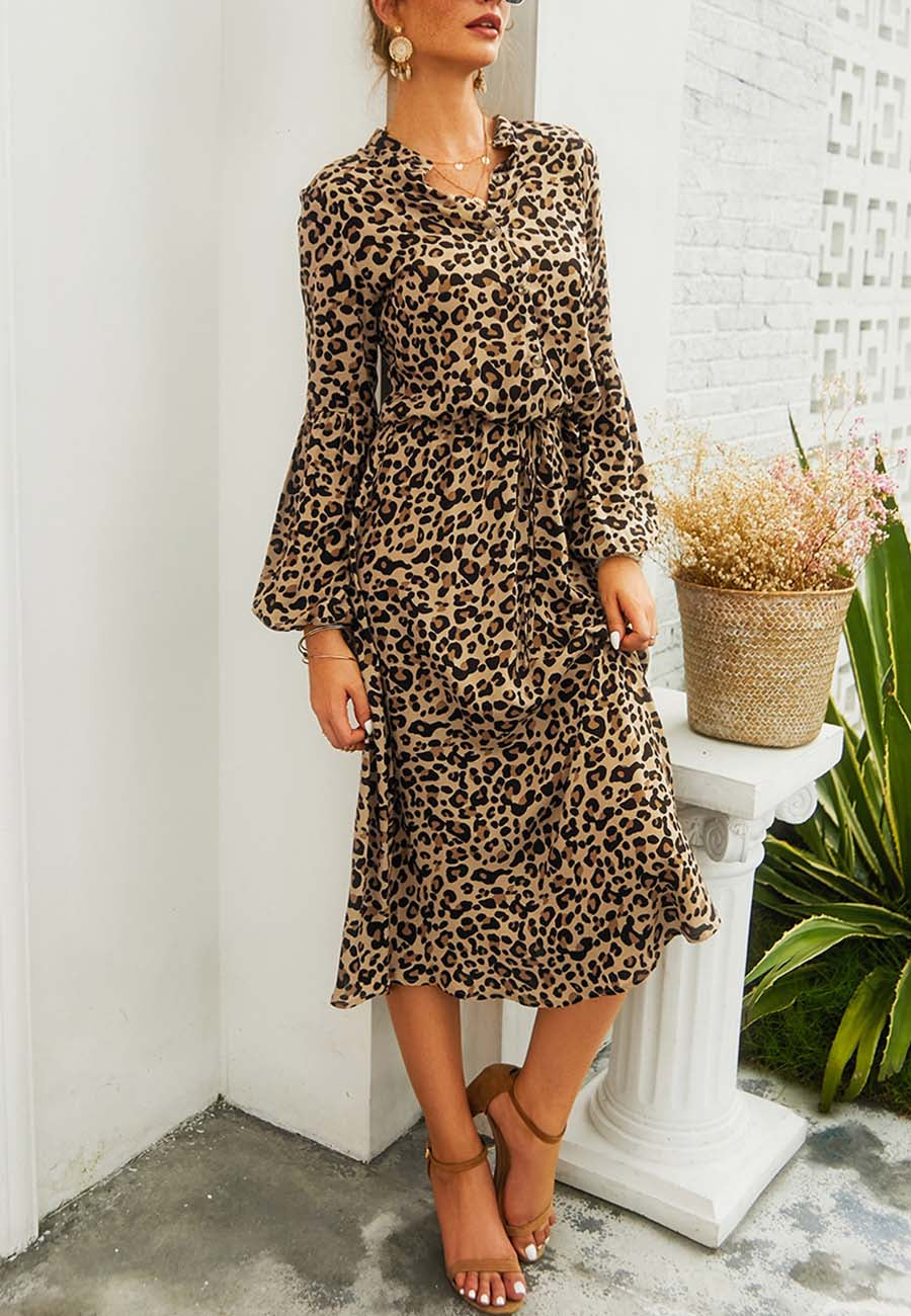 Vestido midi con cintura con lazo y mangas largas tipo farol con estampado de leopardo de Anna-Kaci para mujer